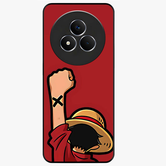 Luffy X Spirit Glass Case showing flat back view with bold anime character artwork and glossy glass finish.