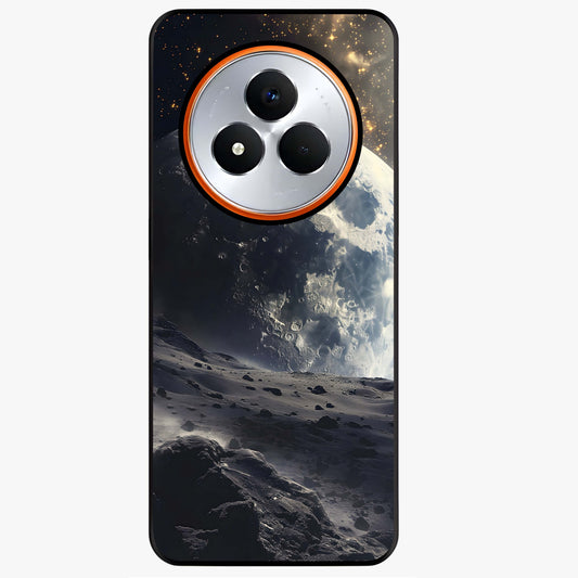 Lunar Horizon Glow Glass Case showing flat back view with glowing moon horizon artwork and glossy glass finish.