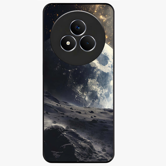 Lunar Horizon Glow Glass Case showing flat back view with glowing moon horizon artwork and glossy glass finish.