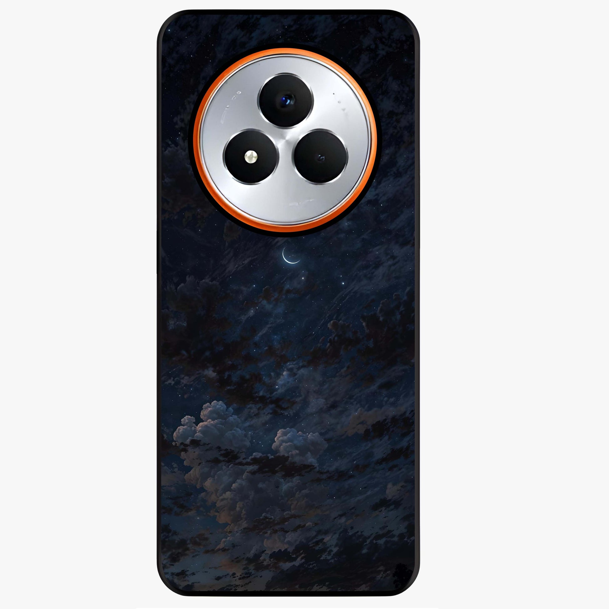 Lunar Veil Silence Glass Case showing flat back view with mystical moon veil artwork and glossy glass finish.