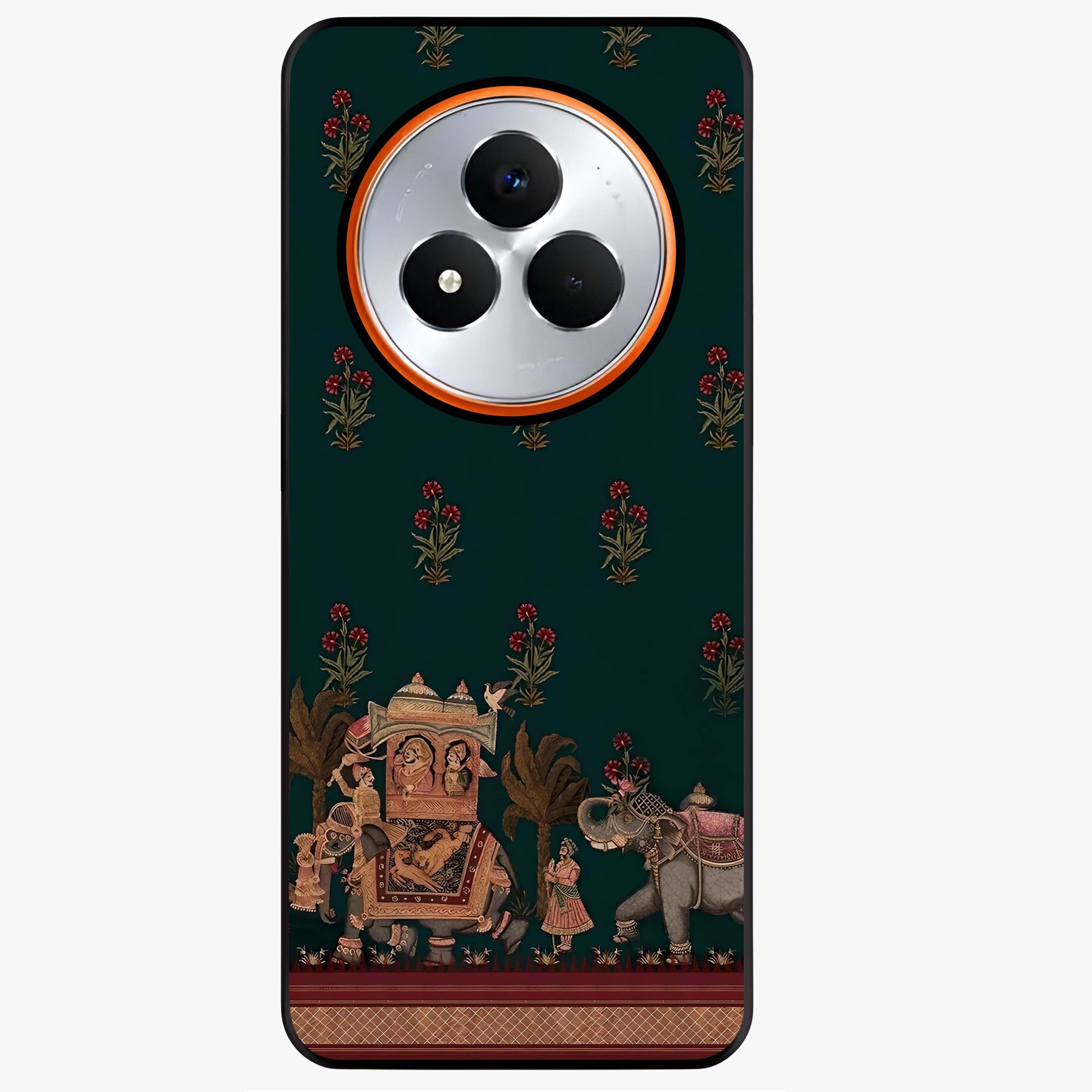 Macmerise Glass Case showing flat back view with stylish modern artwork and glossy glass finish.