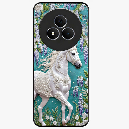 Majestic Floral Stallion Glass Case showing flat back view with powerful horse and floral artwork and glossy glass finish.