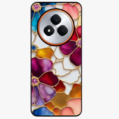 Marble Flower Pattern Glass Case showing flat back view with marble texture floral artwork and glossy glass finish.