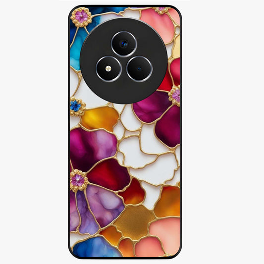 Marble Flower Pattern Glass Case showing flat back view with marble texture floral artwork and glossy glass finish.