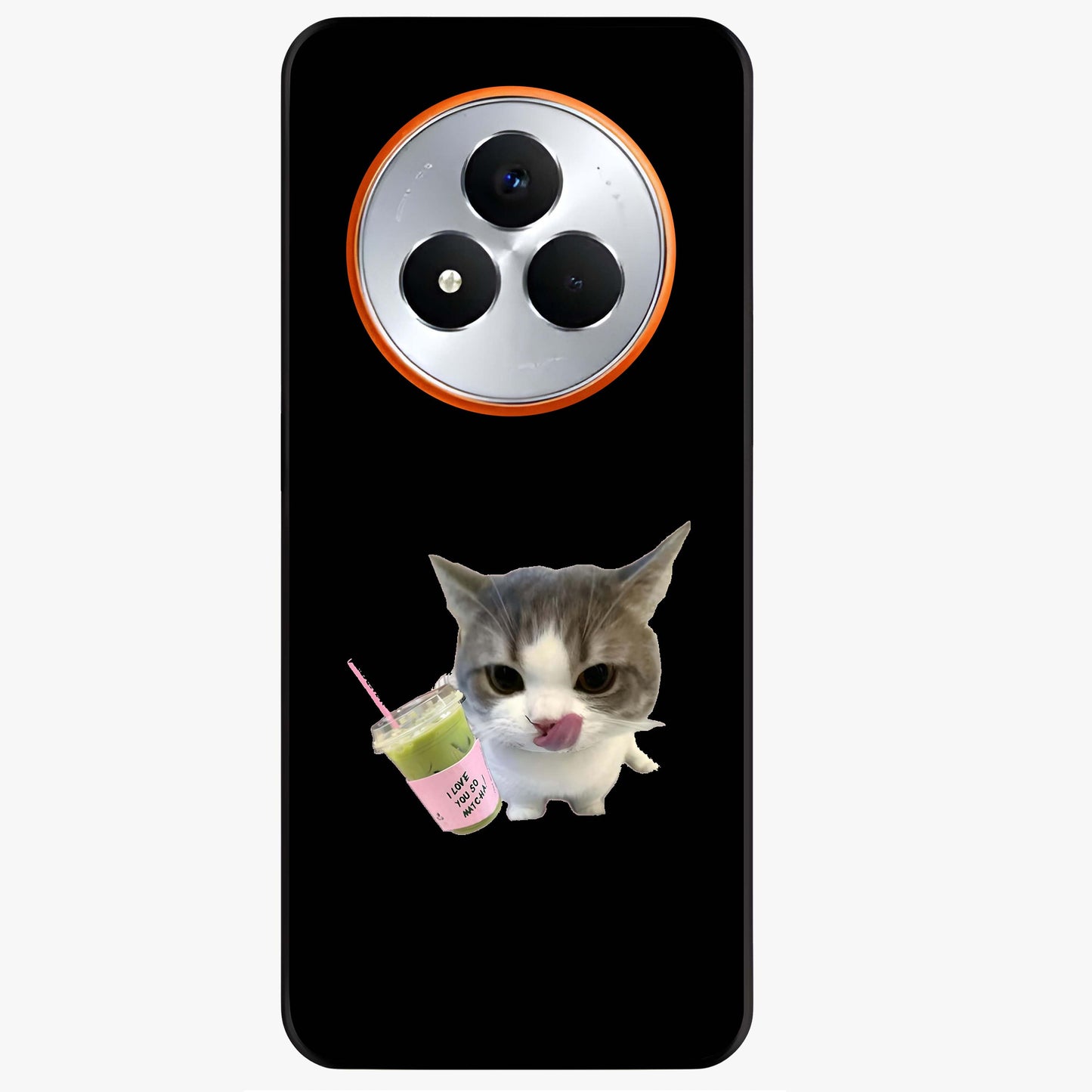 Matcha Cat Style Glass Case showing flat back view with cute matcha themed cat artwork and glossy glass finish.