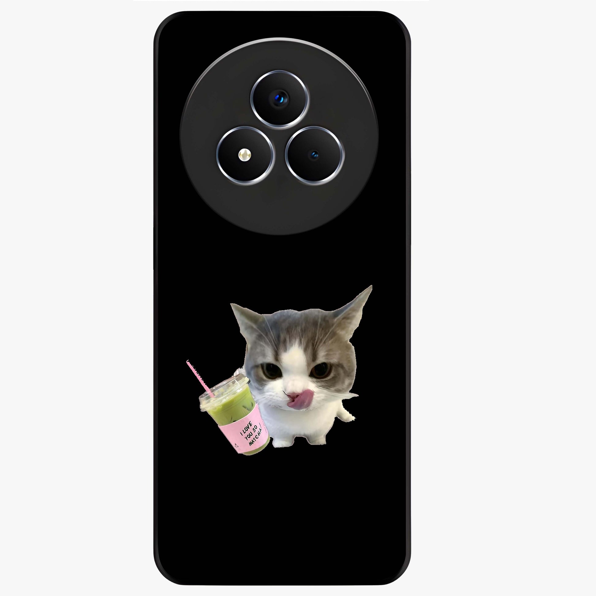 Matcha Cat Style Glass Case showing flat back view with cute matcha themed cat artwork and glossy glass finish.