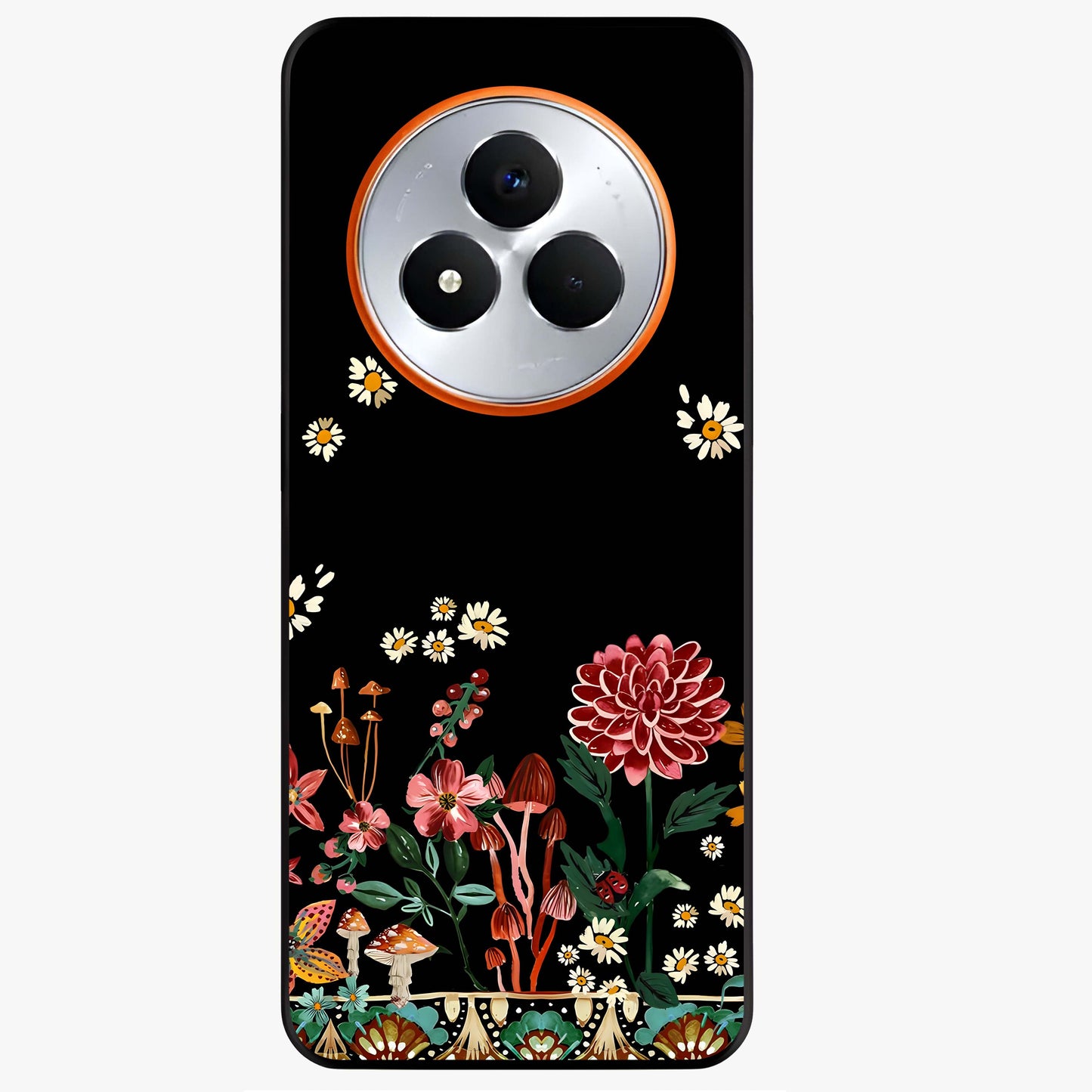 Midnight Bloom Pattern Glass Case showing flat back view with dark floral pattern artwork and glossy glass finish.