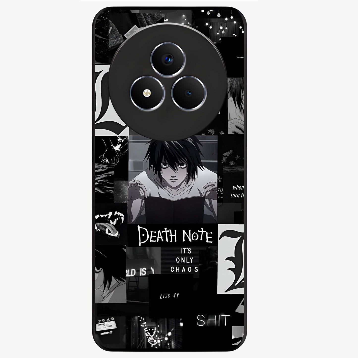Midnight Chaos Mind Glass Case showing flat back view with abstract dark themed artwork and glossy glass finish.