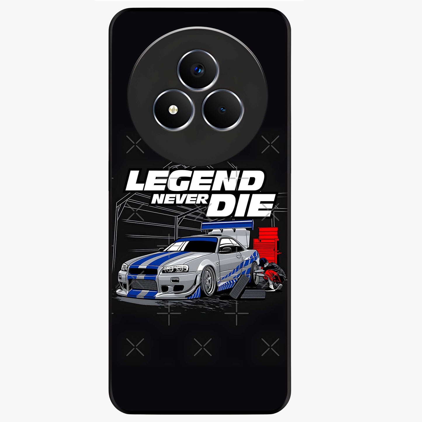 Midnight Racing Legacy Glass Case showing flat back view with sleek racing inspired artwork and glossy glass finish.