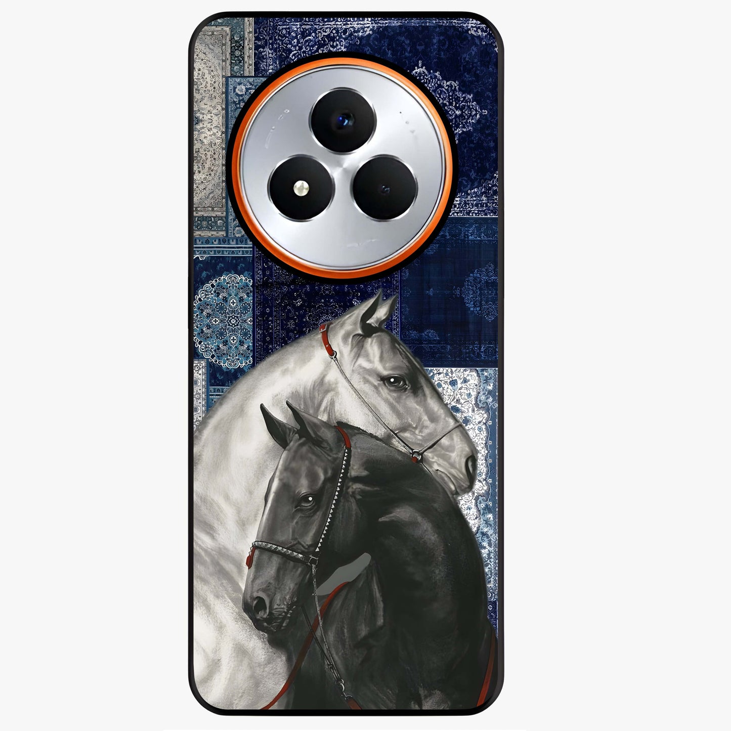Midnight Stallion Blues Glass Case showing flat back view with majestic horse artwork and glossy glass finish.