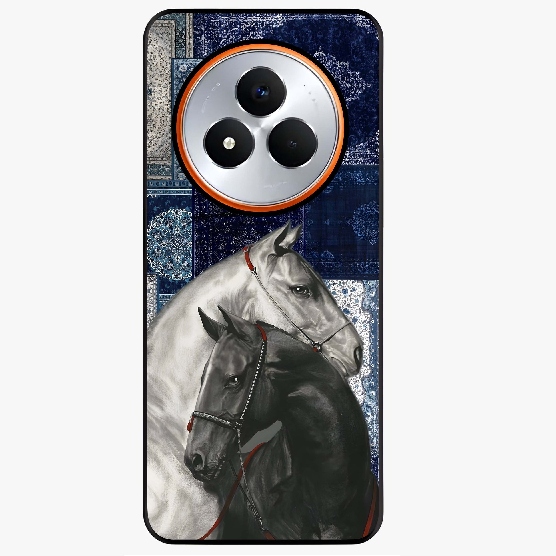 Midnight Stallion Blues Glass Case showing flat back view with majestic horse artwork and glossy glass finish.
