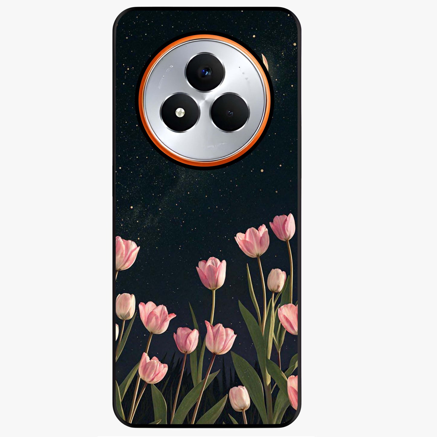 Midnight Tulip Whispers Vibe Glass Case showing flat back view with elegant tulip flower artwork and glossy glass finish.