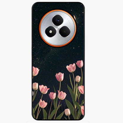 Midnight Tulip Whispers Vibe Glass Case showing flat back view with elegant tulip flower artwork and glossy glass finish.