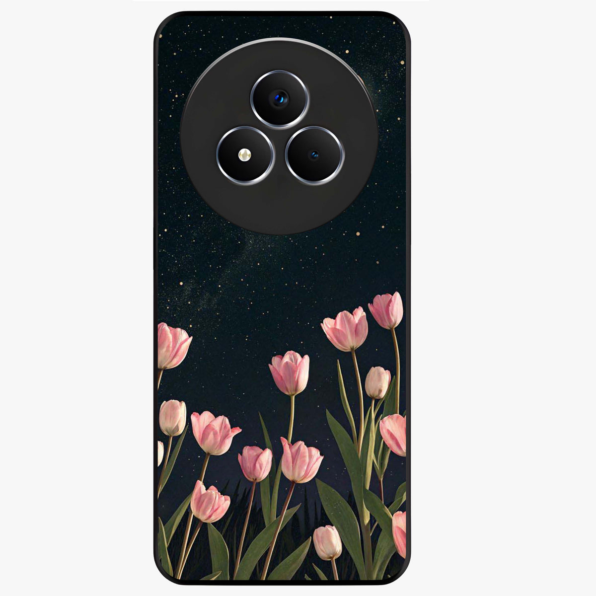Midnight Tulip Whispers Vibe Glass Case showing flat back view with elegant tulip flower artwork and glossy glass finish.