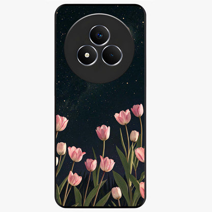 Midnight Tulip Whispers Vibe Glass Case showing flat back view with elegant tulip flower artwork and glossy glass finish.