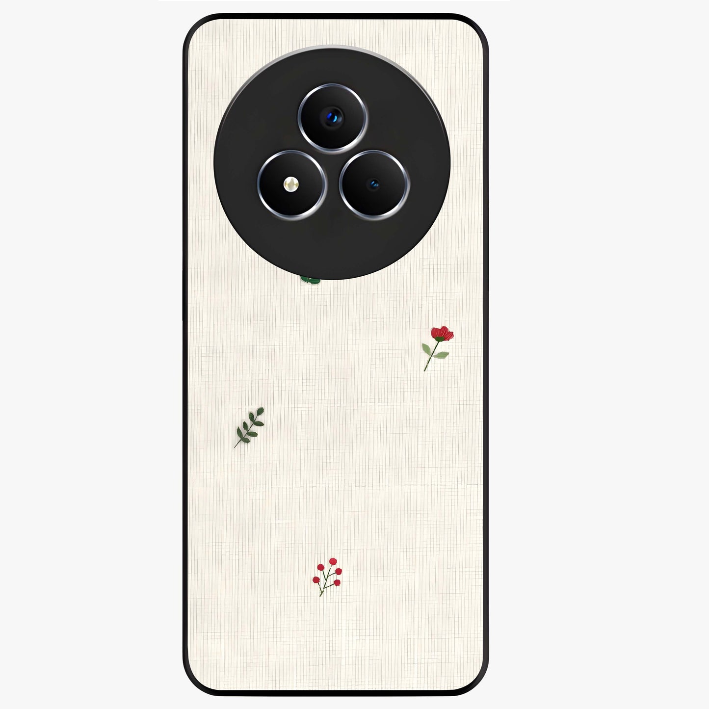 Minimal Petal Whispers Glass Case showing flat back view with soft minimal floral artwork and glossy glass finish.