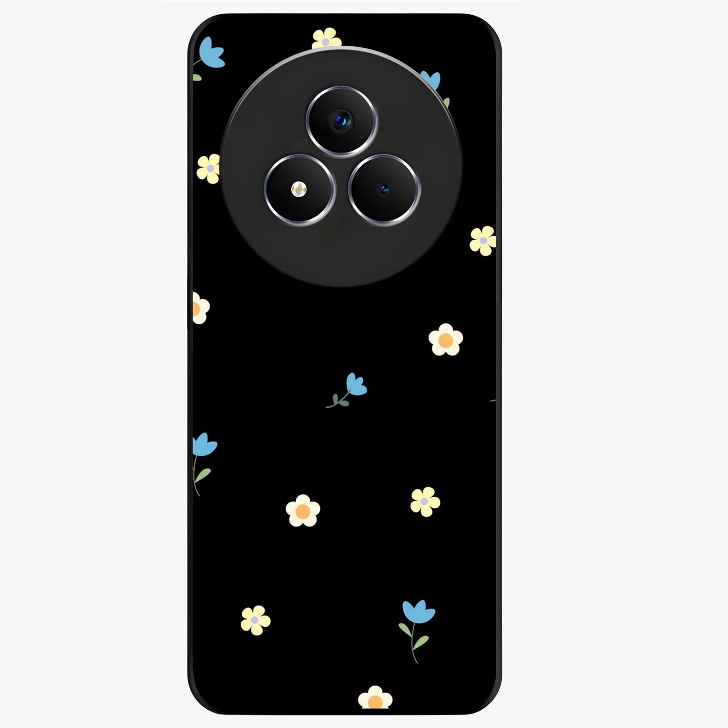 Minimalistic Blue With White Flower Pattern Glass Case showing flat back view with blue background and white flower pattern and glossy glass finish.
