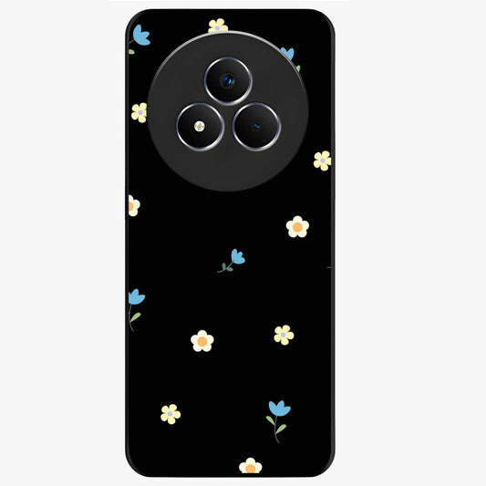 Minimalistic Blue With White Flower Pattern Glass Case showing flat back view with blue background and white flower pattern and glossy glass finish.