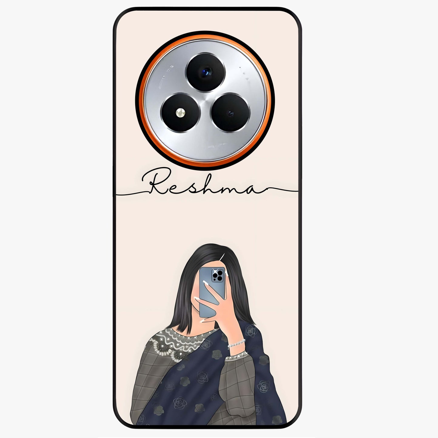 Mirror Mood Muse With Custom Name Glass Case showing flat back view with stylish mirrored artwork and personalized name design.