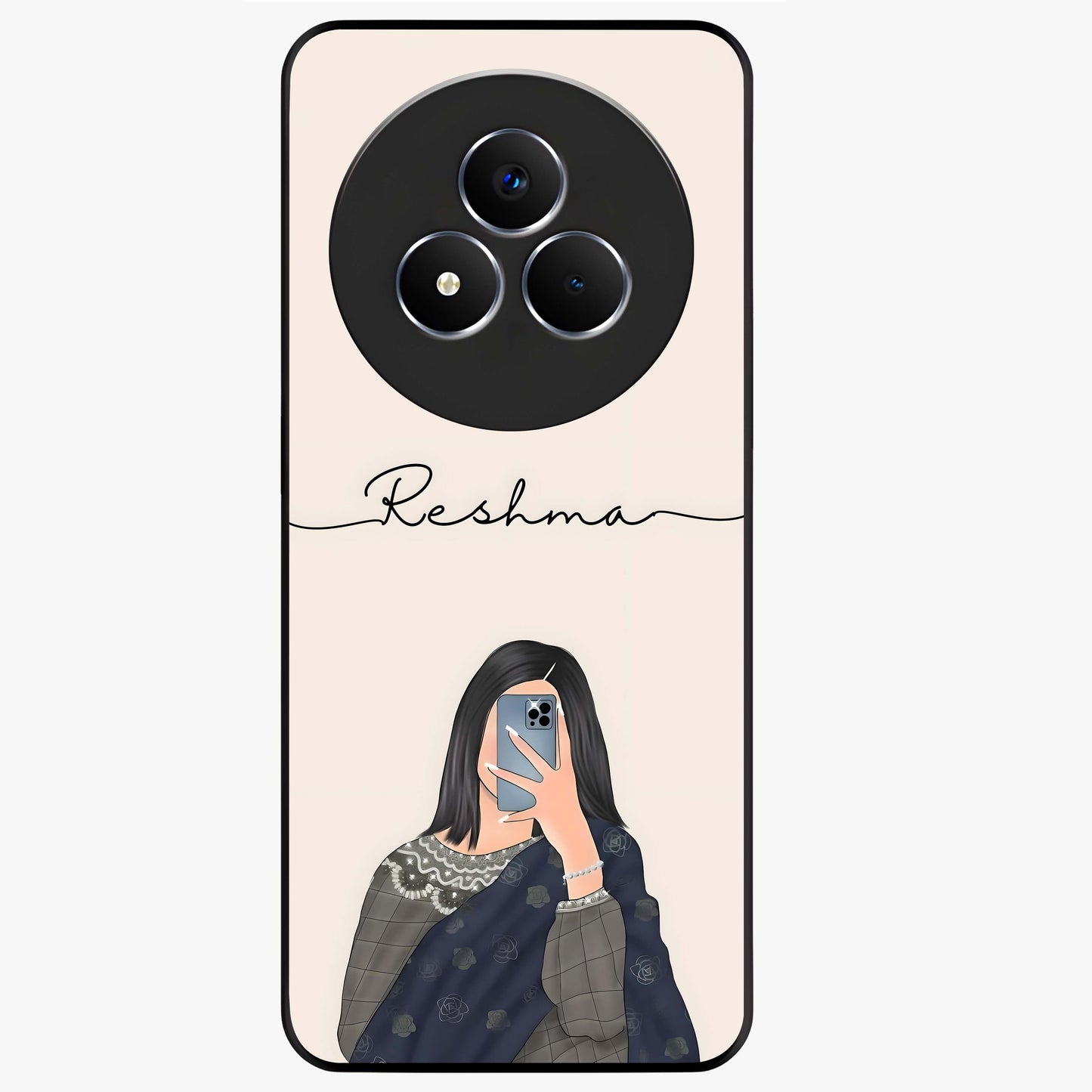 Mirror Mood Muse With Custom Name Glass Case showing flat back view with stylish mirrored artwork and personalized name design.
