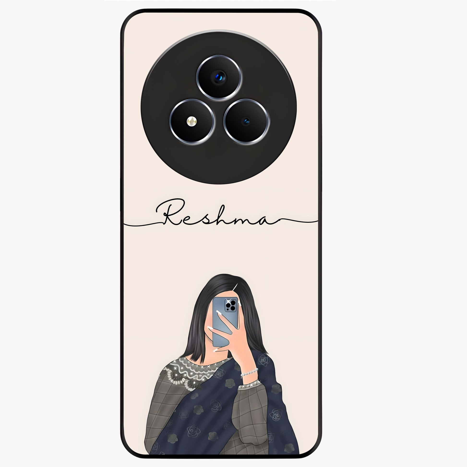 Mirror Mood Muse With Custom Name Glass Case showing flat back view with stylish mirrored artwork and personalized name design.