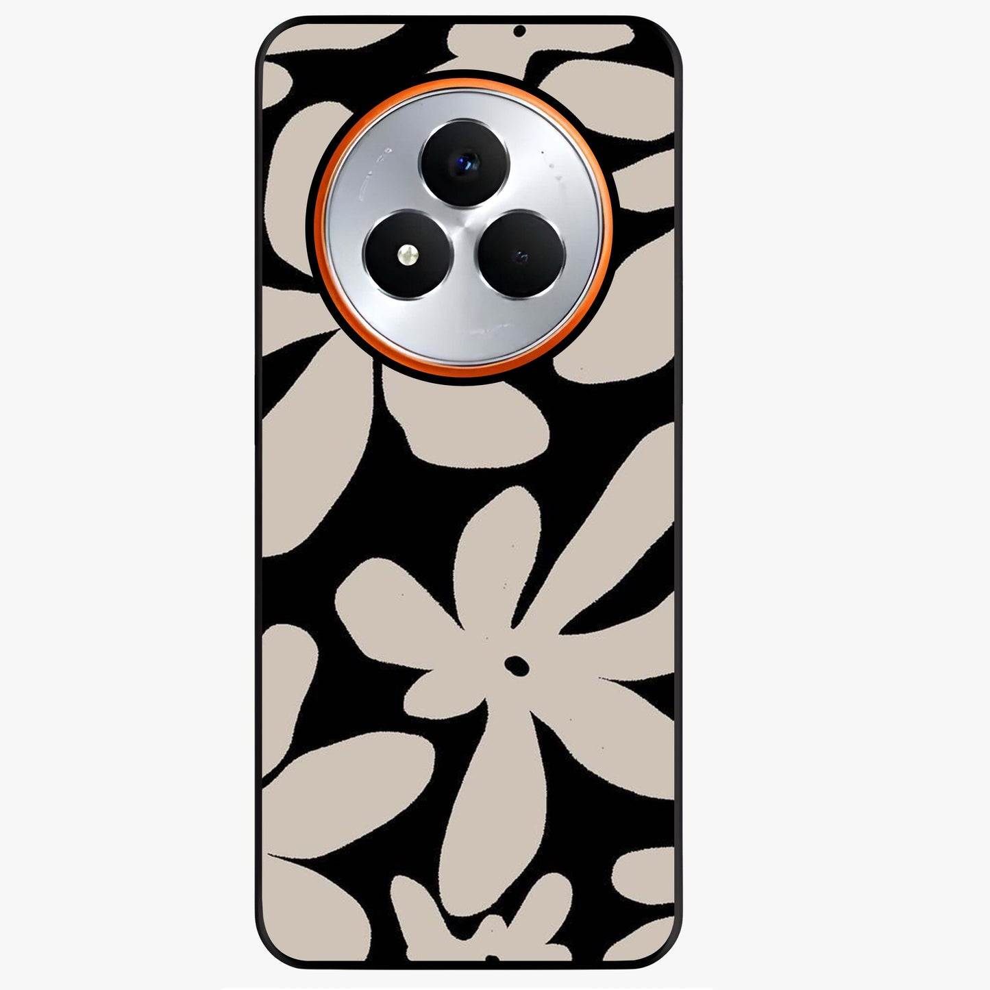 Monochrome Petal Dance Glass Case showing flat back view with monochrome floral artwork and glossy glass finish.
