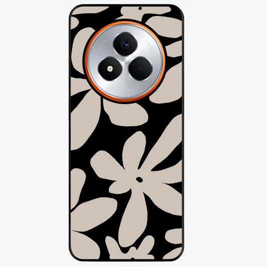Monochrome Petal Dance Glass Case showing flat back view with monochrome floral artwork and glossy glass finish.