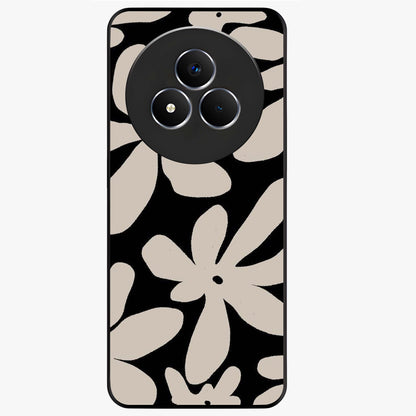 Monochrome Petal Dance Glass Case showing flat back view with monochrome floral artwork and glossy glass finish.