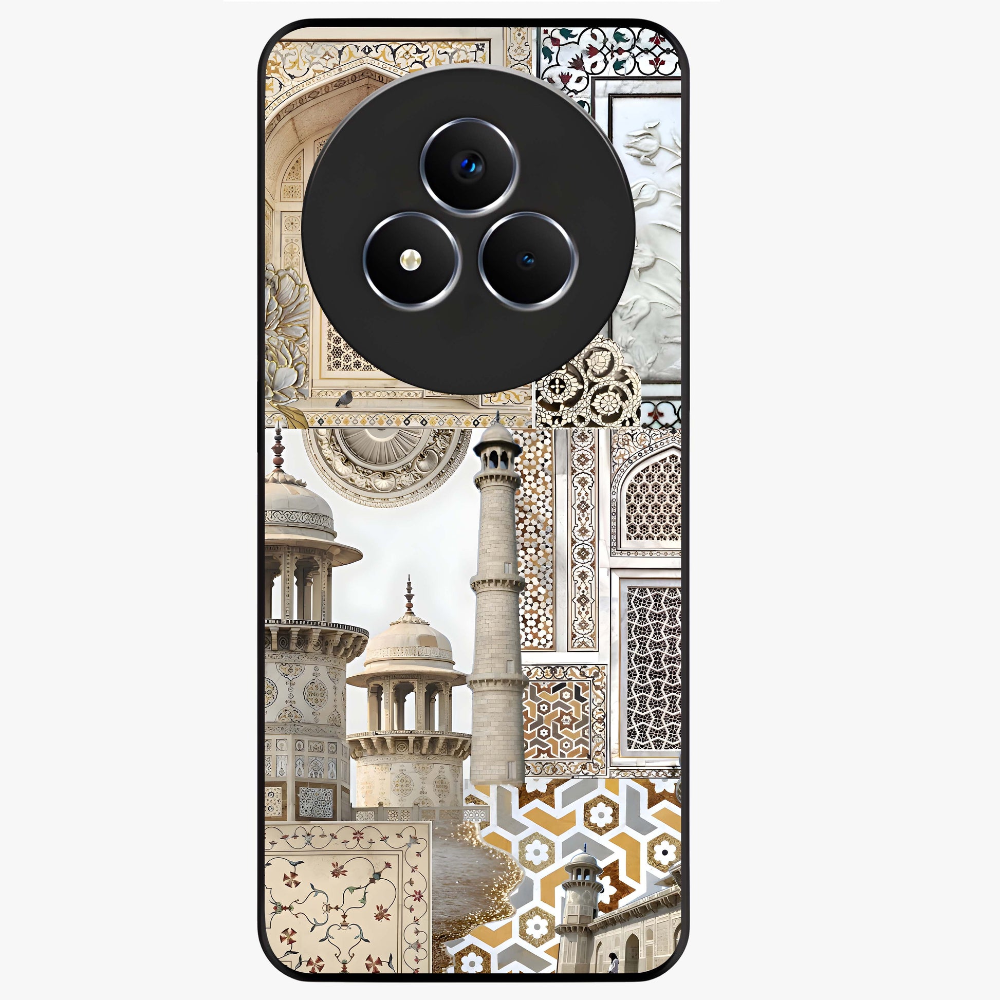 Mughal Marble Legacy Glass Case showing flat back view with intricate Mughal inspired marble pattern and glossy glass finish.