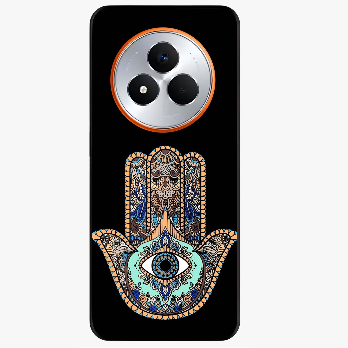 Mystic Hamsa Eye Glass Case showing flat back view with protective hamsa hand and evil eye artwork and glossy glass finish.