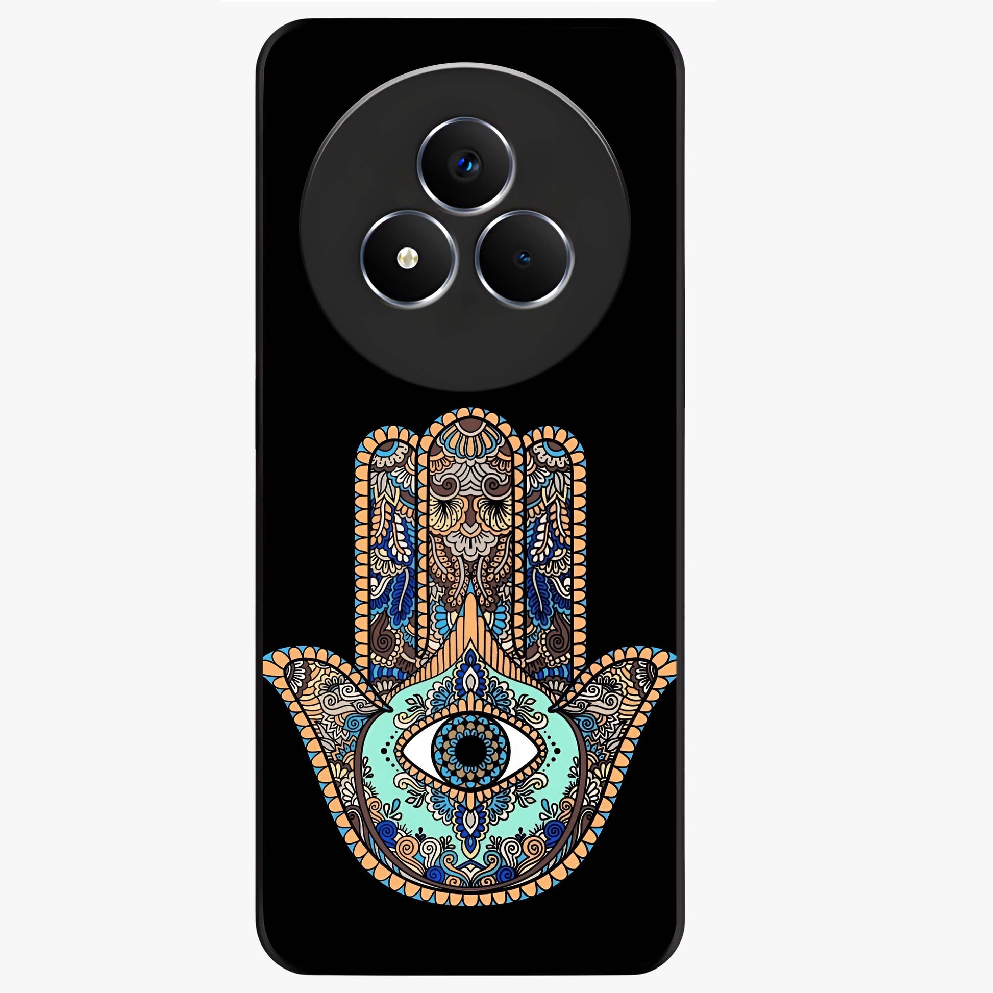 Mystic Hamsa Eye Glass Case showing flat back view with protective hamsa hand and evil eye artwork and glossy glass finish.