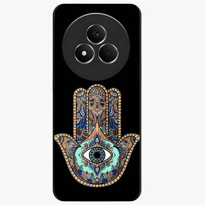 Mystic Hamsa Eye Glass Case showing flat back view with protective hamsa hand and evil eye artwork and glossy glass finish.