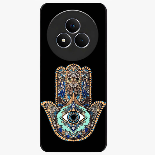 Mystic Hamsa Eye Glass Case showing flat back view with protective hamsa hand and evil eye artwork and glossy glass finish.