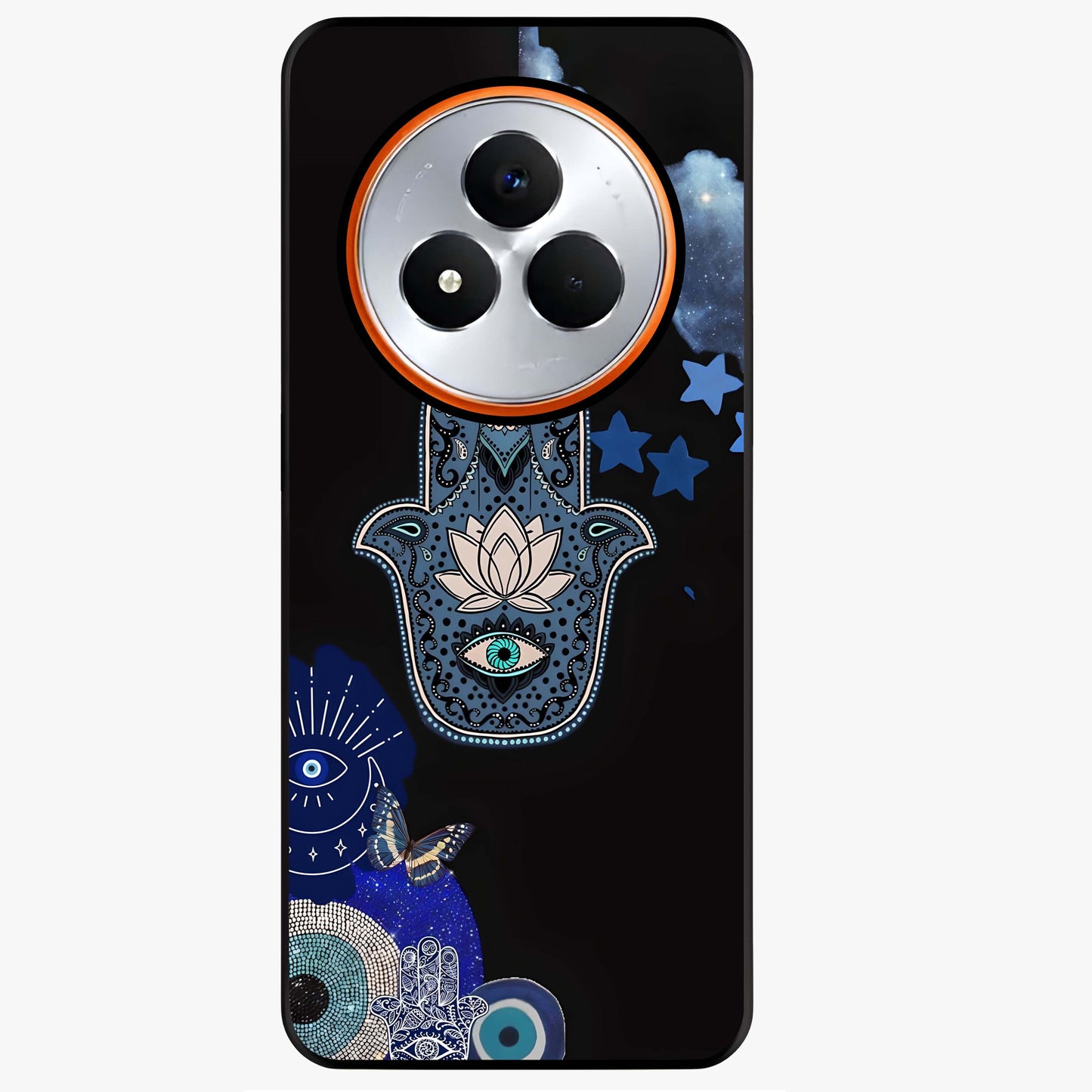 Mystic Hand Aura Glass Case showing flat back view with mystical hand symbol artwork and glossy glass finish.