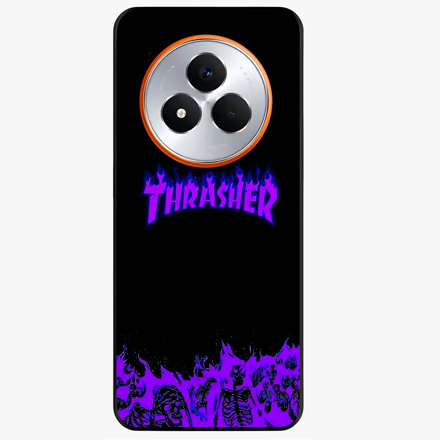 Neon Flame Riot Glass Case showing flat back view with neon flame artwork and glossy glass finish.