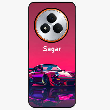 Neon Pink Porsche Glass Case showing flat back view with stylish sports car artwork and glossy glass finish.
