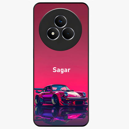 Neon Pink Porsche Glass Case showing flat back view with stylish sports car artwork and glossy glass finish.