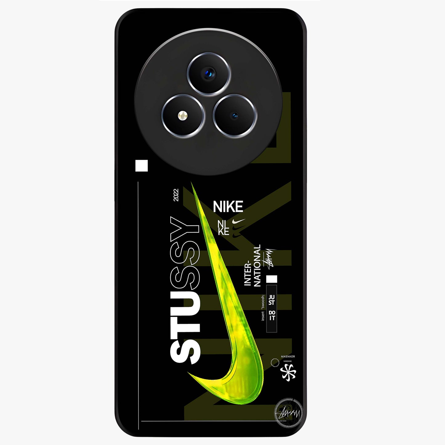 Neon Street Edition Glass Case showing flat back view with neon street style artwork and glossy glass finish.