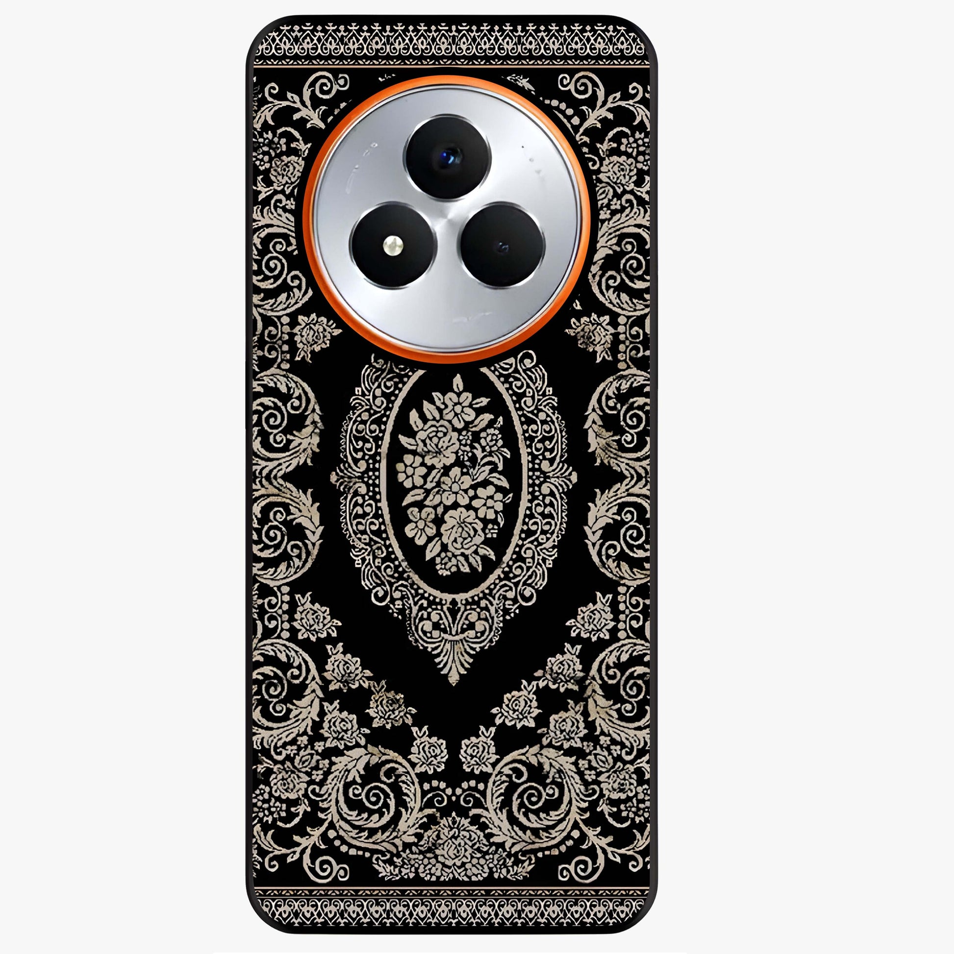 Noir Bloom Elegance Glass Case showing flat back view with elegant dark floral artwork and glossy glass finish.