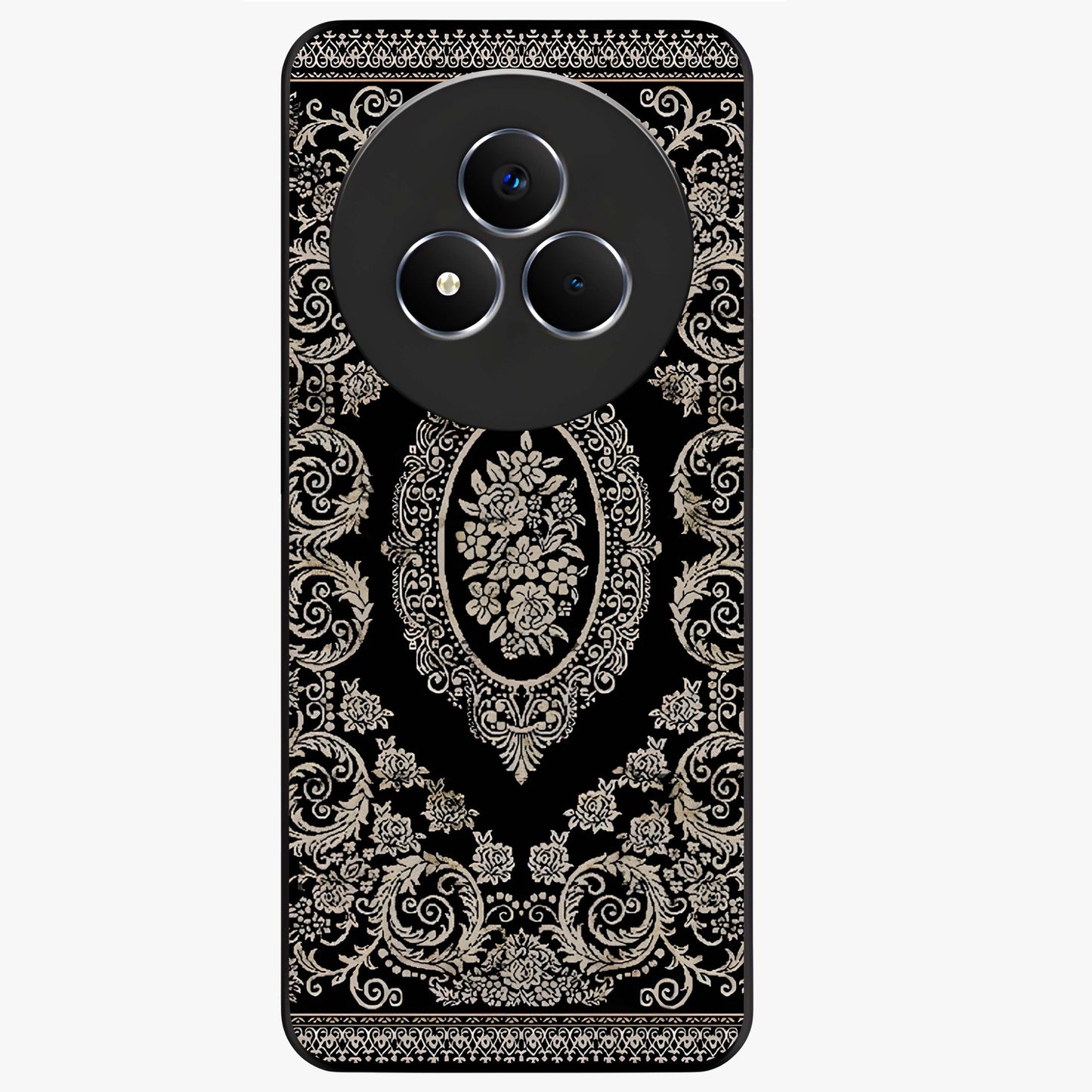 Noir Bloom Elegance Glass Case showing flat back view with elegant dark floral artwork and glossy glass finish.