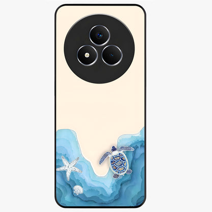 Ocean Drift Turtle Glass Case showing flat back view with sea turtle artwork and glossy glass finish.