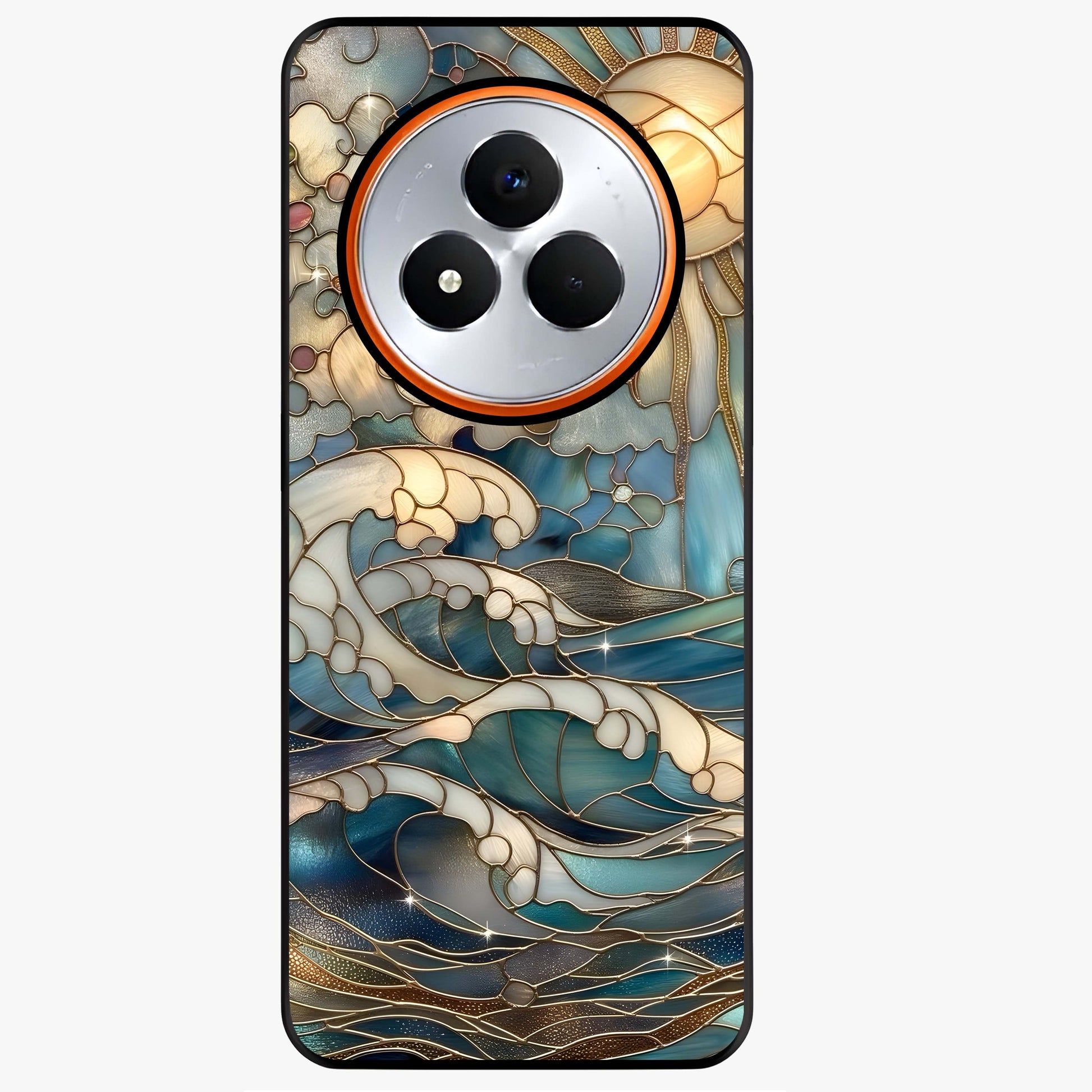 Oceanic Stained Printed Glass Case showing flat back view with ocean inspired stained pattern artwork and glossy glass finish.