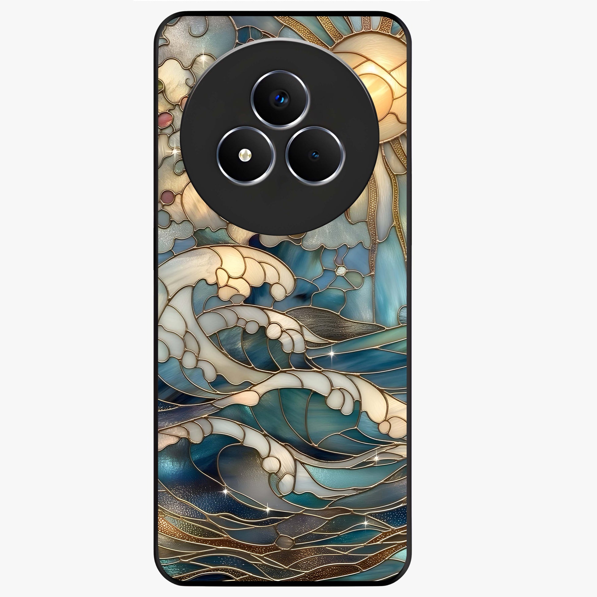 Oceanic Stained Printed Glass Case showing flat back view with ocean inspired stained pattern artwork and glossy glass finish.