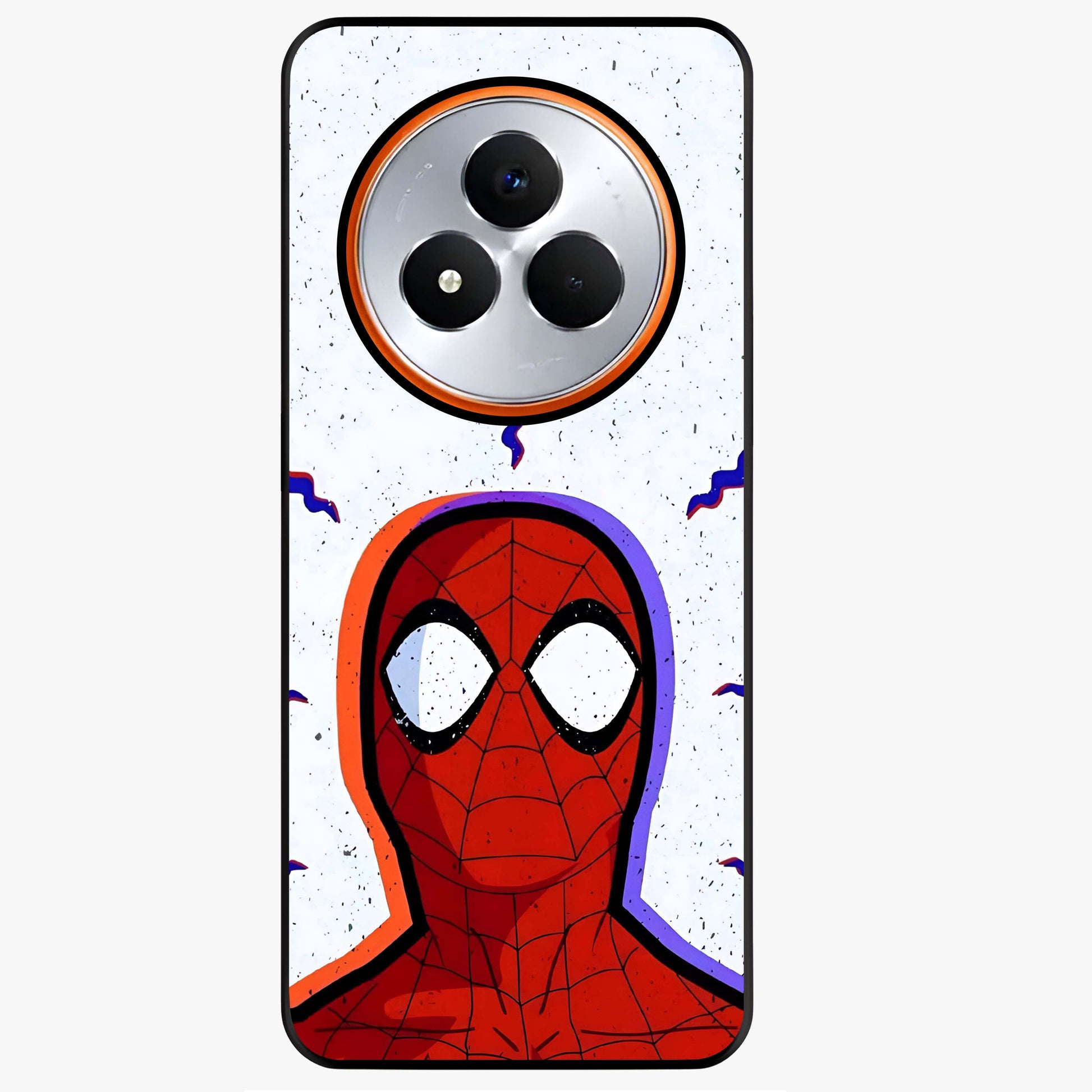 Omg Spiderman Glass Case showing flat back view with bold superhero inspired artwork and glossy glass finish.