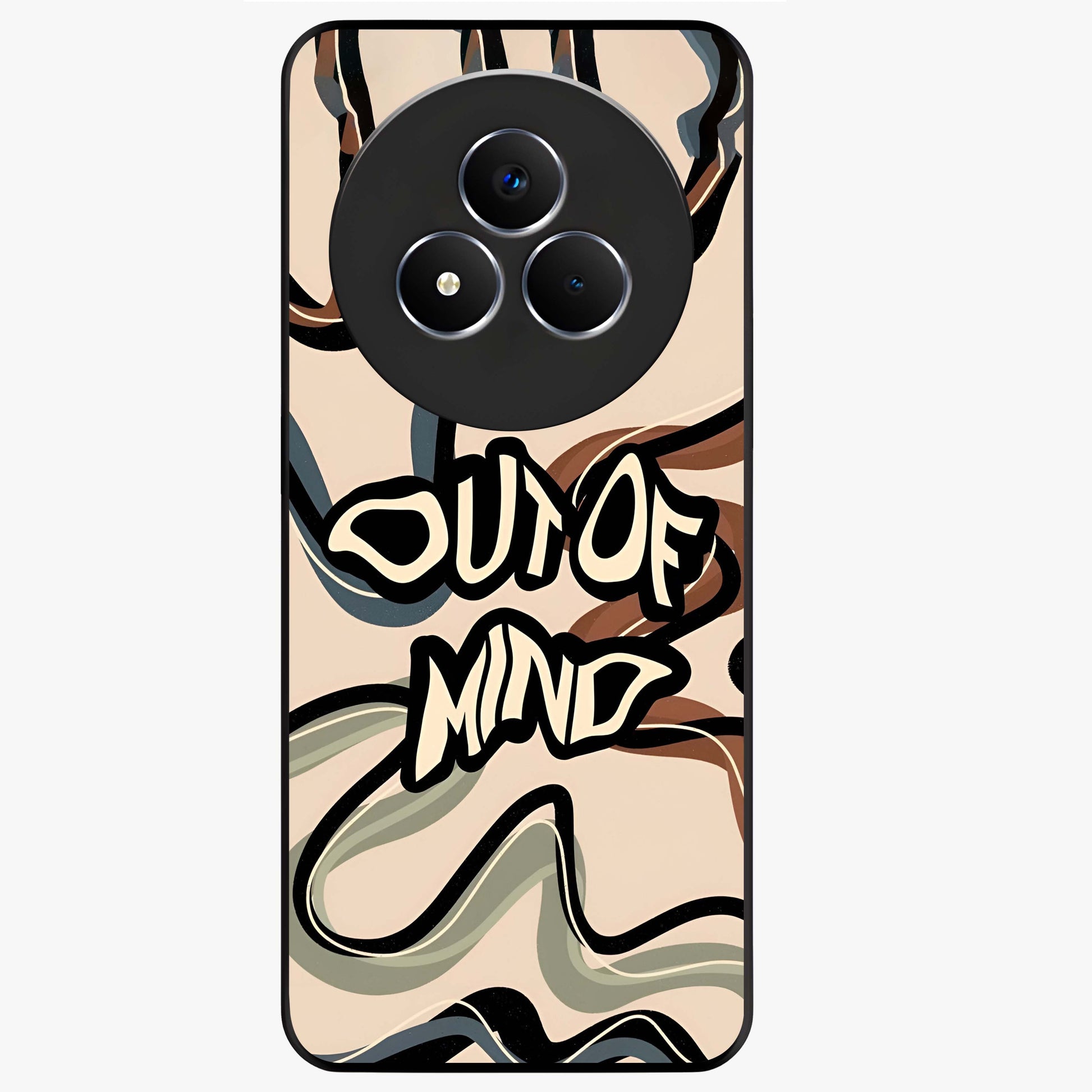 Out Of Mind Glass Case showing flat back view with expressive typography artwork and glossy glass finish.