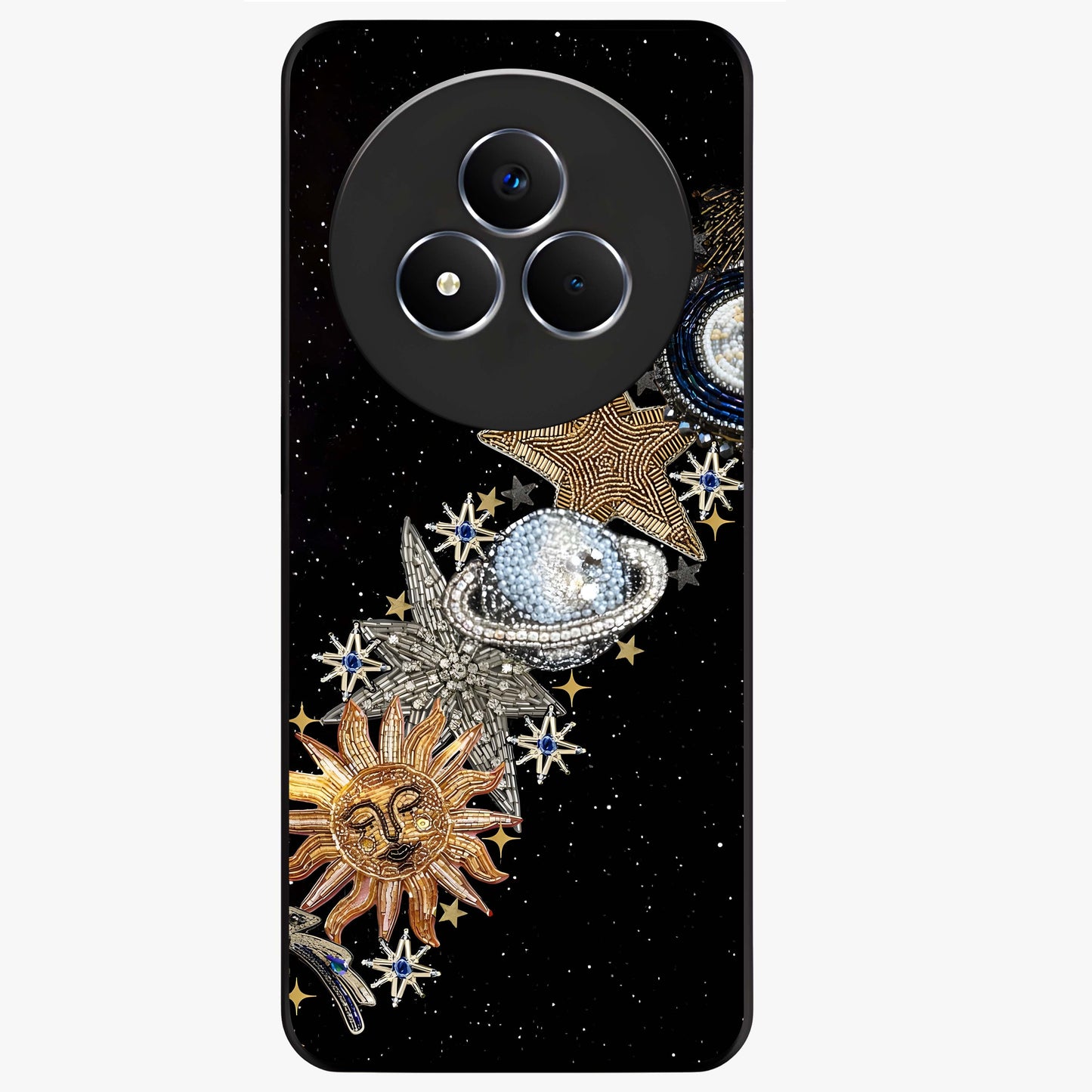 Pearls Universe Object Glass Case showing flat back view with pearl inspired cosmic artwork and glossy glass finish.
