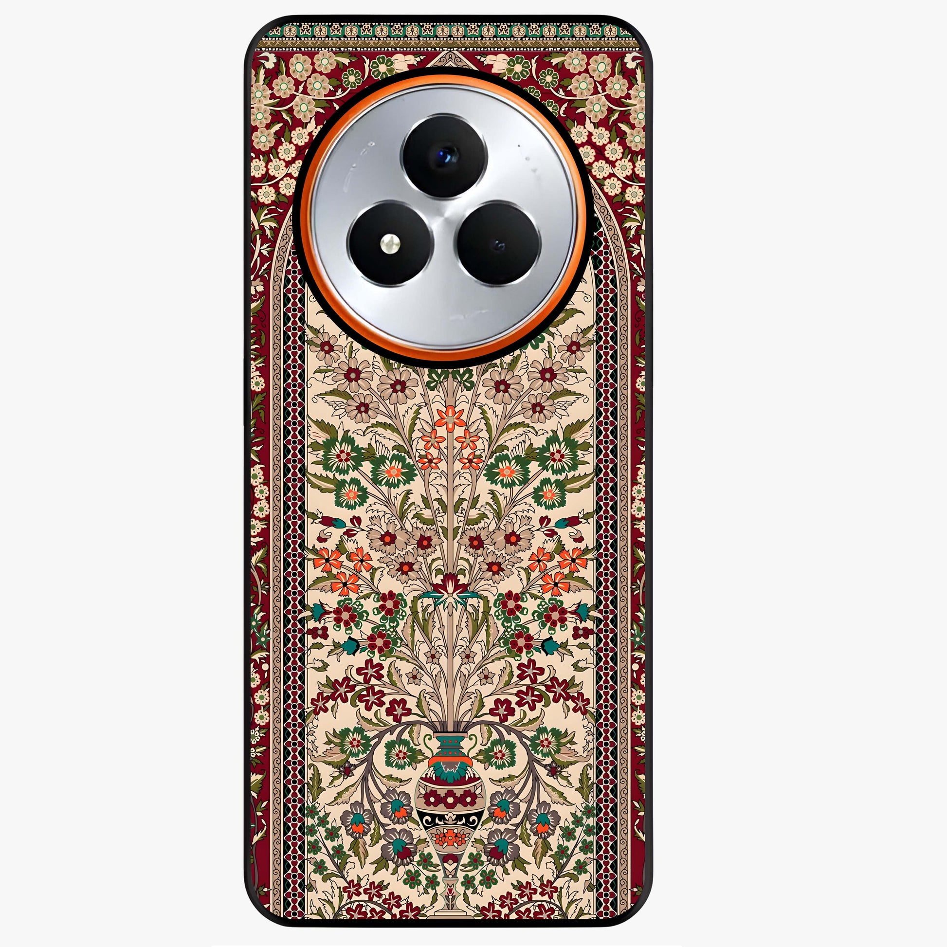 Persian Inspired Glass Case showing flat back view with ornate Persian style pattern artwork and glossy glass finish.