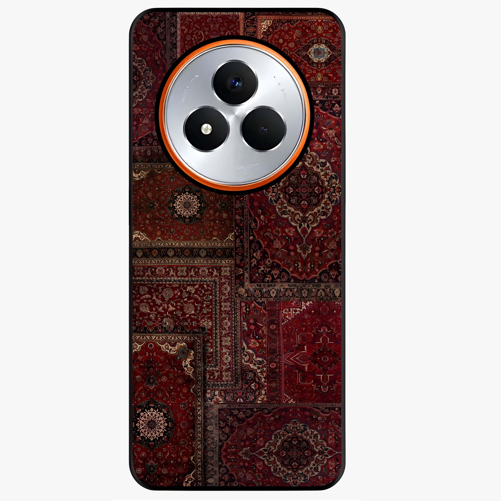 Persian Velvet Tale Glass Case showing flat back view with luxurious Persian velvet pattern artwork and glossy glass finish.