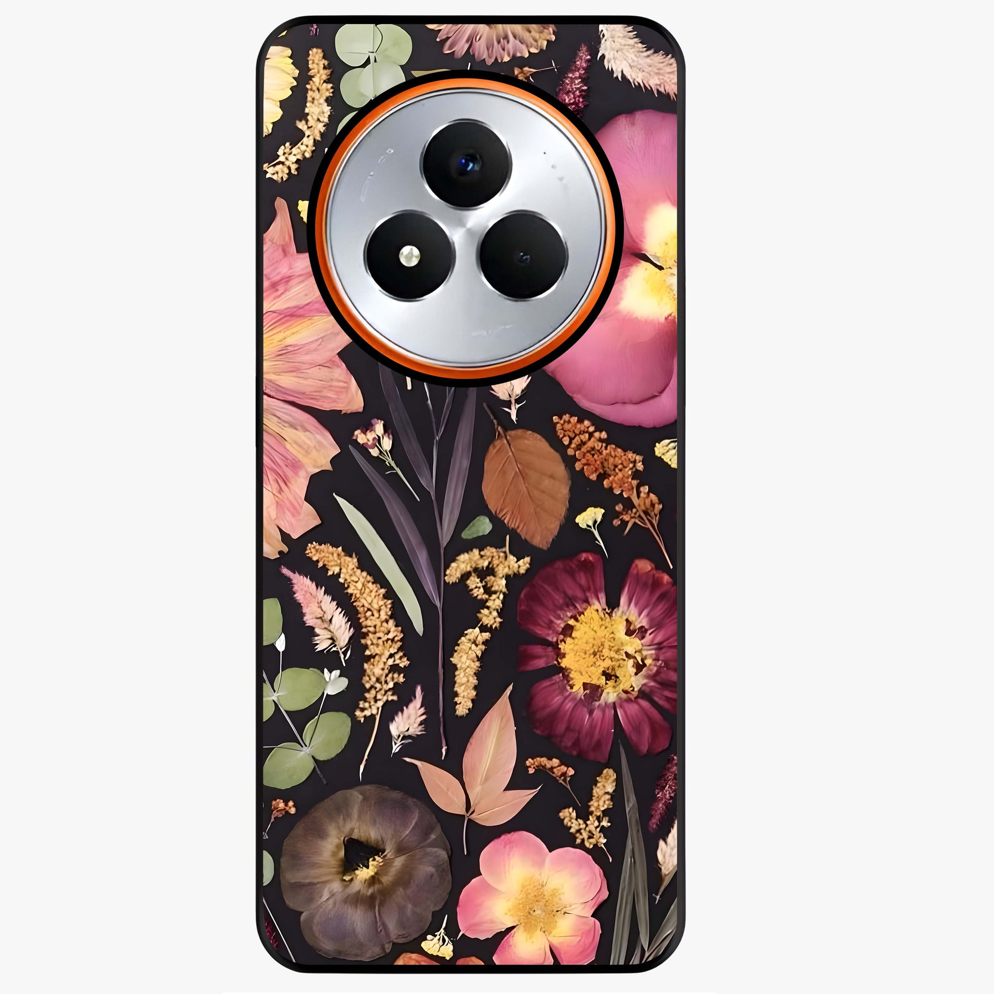 Petal Dream Tapestry Glass Case showing flat back view with intricate floral tapestry artwork and glossy glass finish.