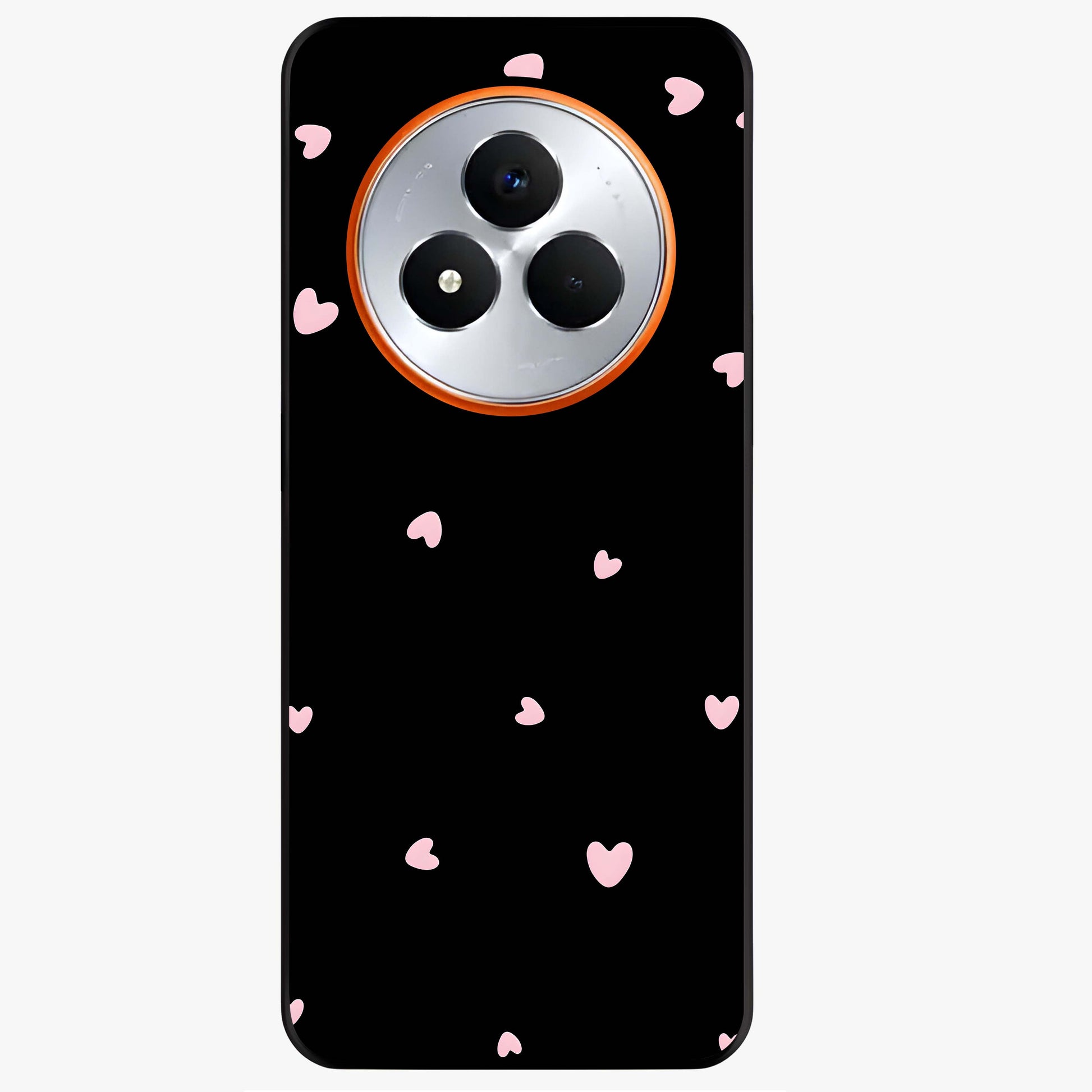 Pink Love Drops Glass Case showing flat back view with playful pink heart drops artwork and glossy glass finish.